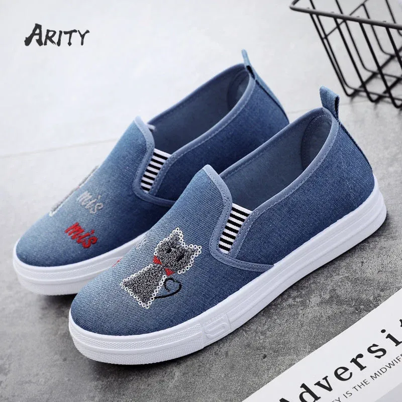 Boots Women's Spring Summer Shoes Comfortable Denim Canvas Shoes with Printings Lady Soft Lazy Loafers Chaussures De Dame