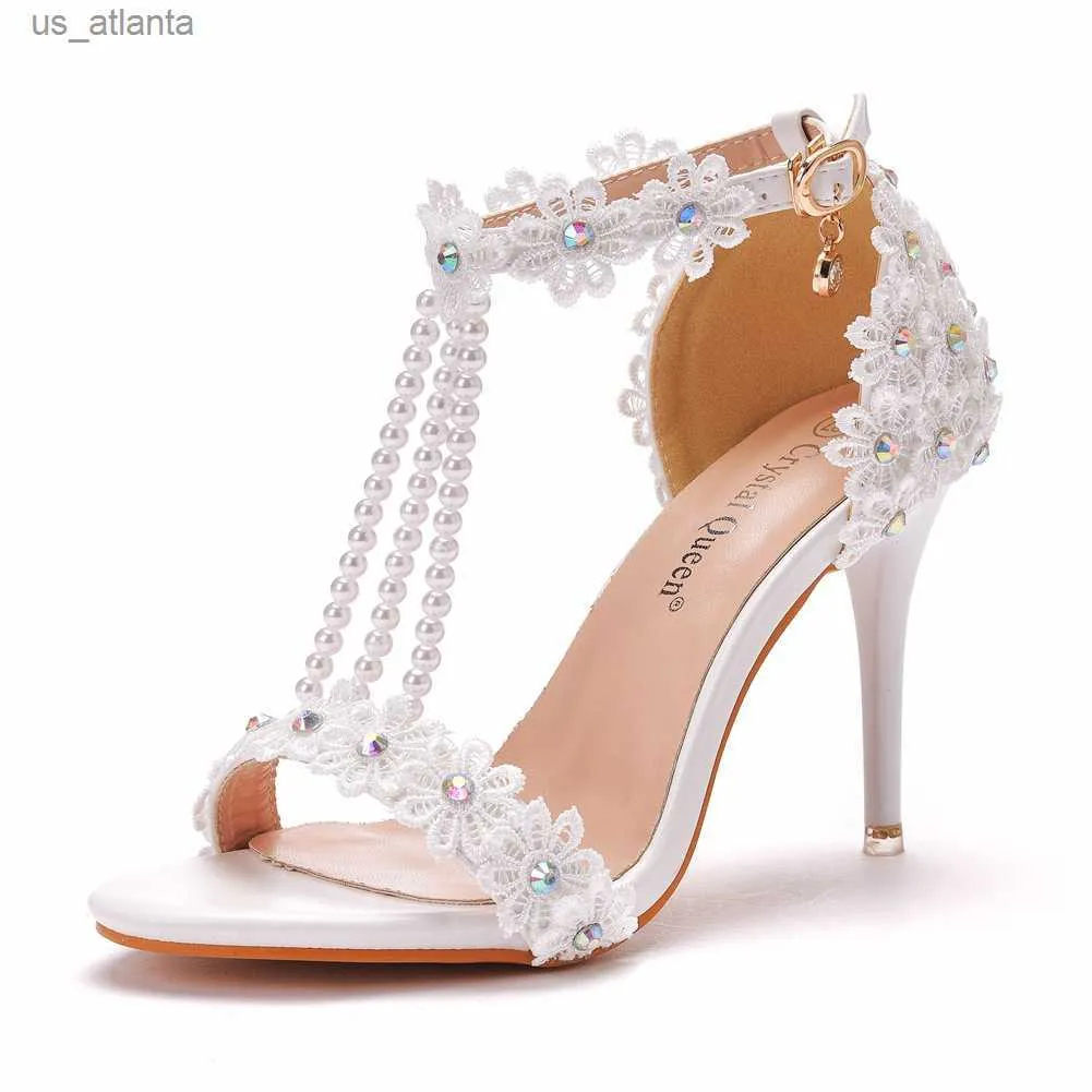 Dress Shoes Sexy High Heels Wedding Prom Women Sandals String Bead Buckle Strap PU 9CM Thin Party Korean Style White H240403O4BX