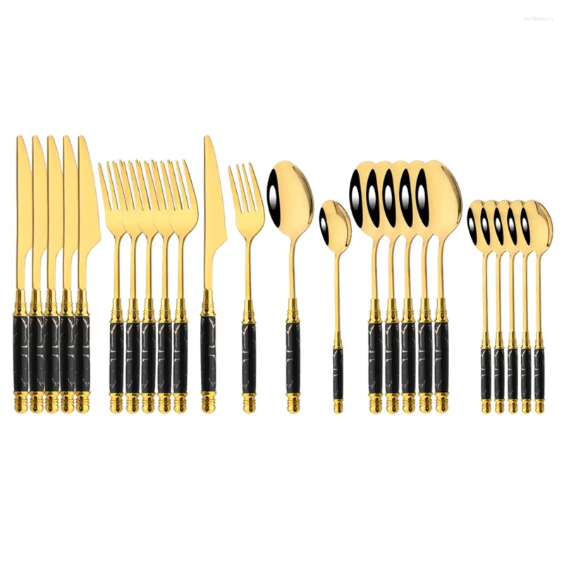Flatvaruuppsättningar 24st keramiskt svart guld servis uppsättning rostfritt stål bestick hem gaffel sked kniv middag bordsvarvår