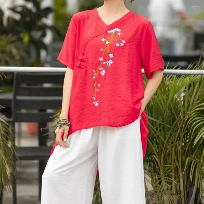 Pantalon féminin 2 PCS / Set Femmes Top Set Floral Broidery V Neck Garques courtes Loose Elastic Wide jambe neuvième t-shirt Summer