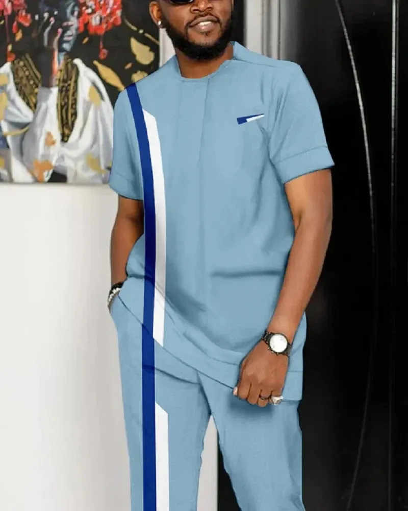 Summer Tracksuit Sets Oversized Short Sleeve T Shirt Trousers Fashion Design African 2 Piece Men Suit Casual Blue Streetwear 240326