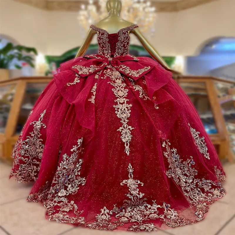 Красное платье Quincenara 2024 Мексика Золотое аппликация кружевное лук vestidos de 15 anos Quinceanera xv Brithday Sweet 16 платья с шариковыми платьями