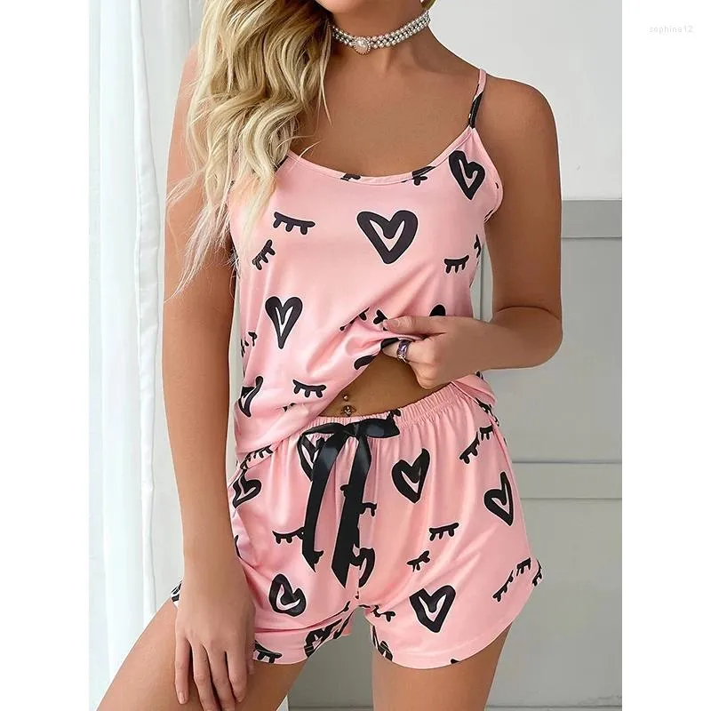 Accueil Vêtements Femme Satin rose Shorts Shorts Sling Sleepwear Two Piece Cosses Chérie Fashion Coeur Imprimé Pijama Femme Sexy Nightwear