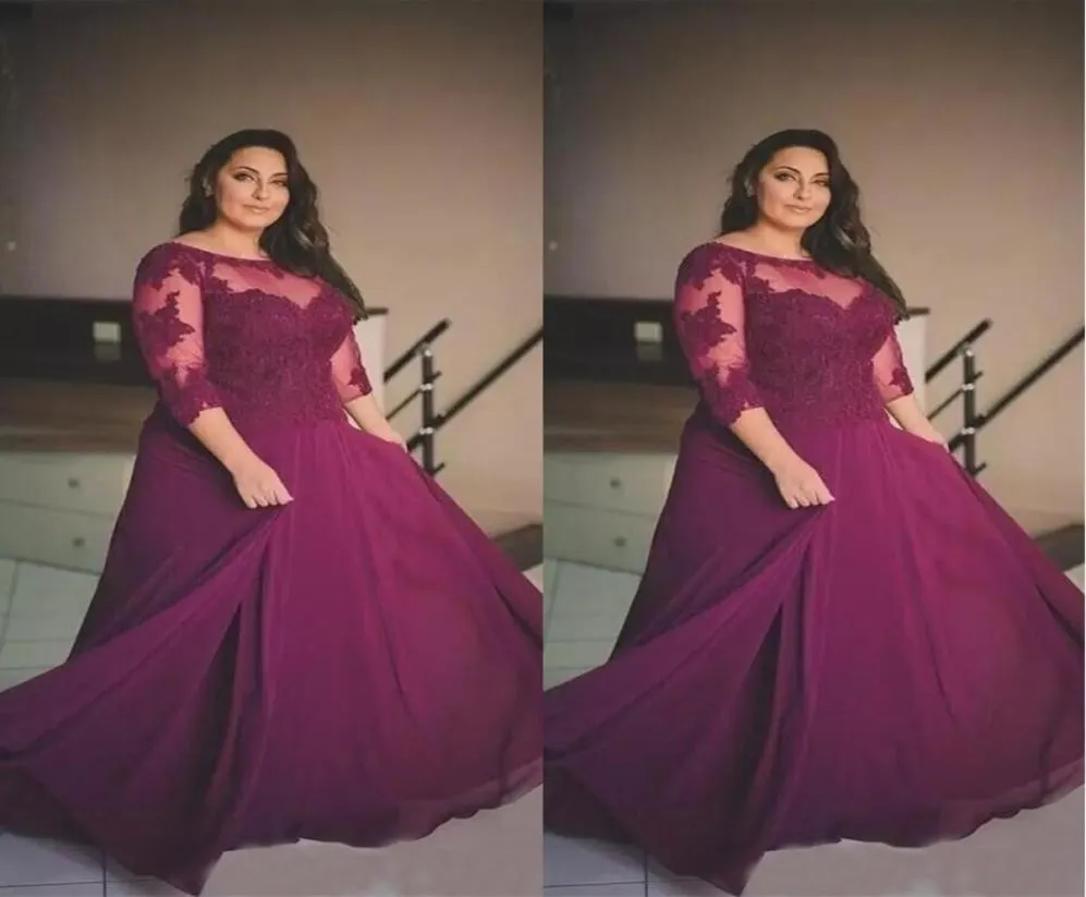 Plus Size Burgundy Prom Dresses Lace Applique Half Long Sleeve Evening Gowns Sheer Neck Special Cheap Formal Party Dresses SD33559767985