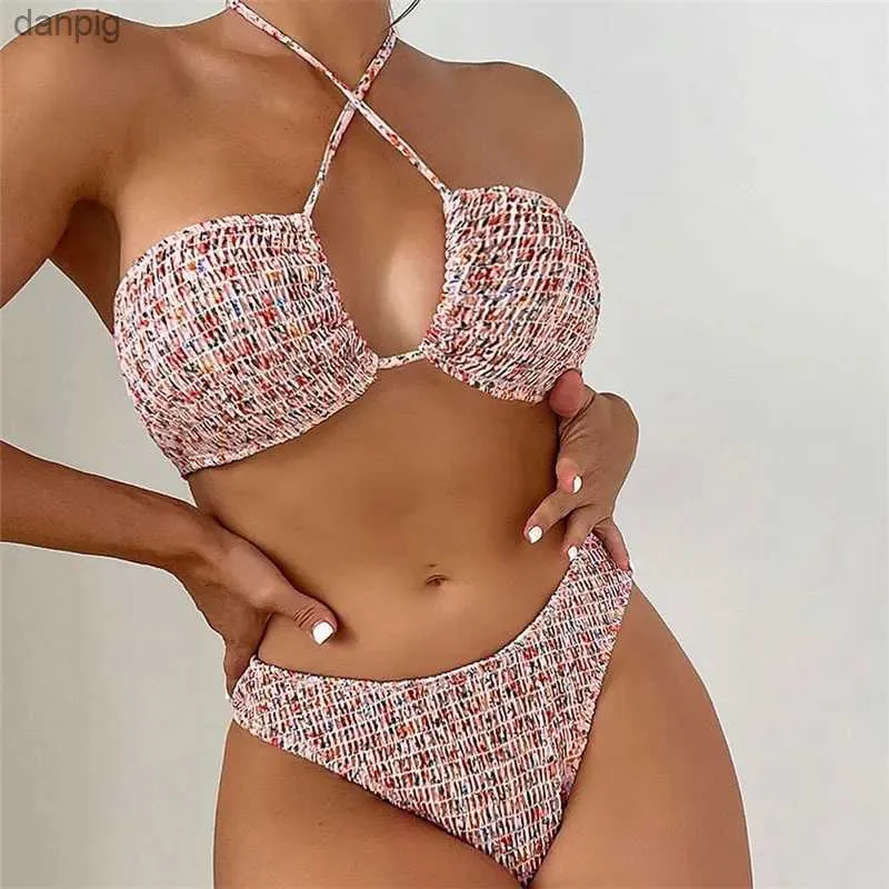 Swimwear de mujeres Halter String Halter Bikinis Bikinis Conjunto de trajes de baño Mujer Floral Ruched Swimsuit Traje Femme Hollow Out Bishing Biquinis Bikini Y240402