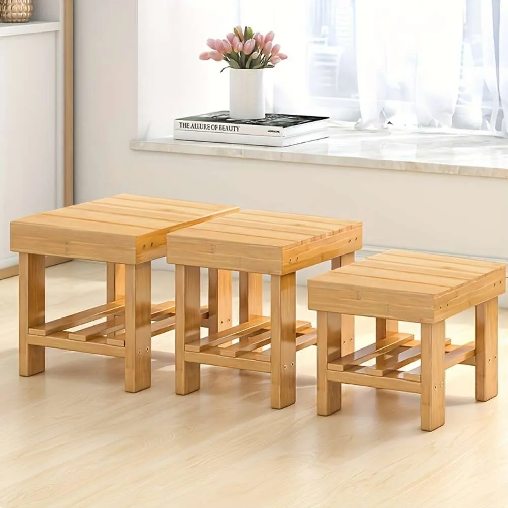 1pc Bamboo Household Square Stool for Changing Shoes, Durable Storage Stool, Space Saving Organizer of Office, Living Room, Bedroom, Home, Dorm, Bedroom