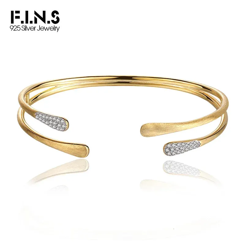 F.I.N.S Luxe geborsteld Craft 925 Sterling Silver Gold Bracelet Retro Cubic Zirkonia Laagde Open Bangle Fashion Fine Jewelry240327
