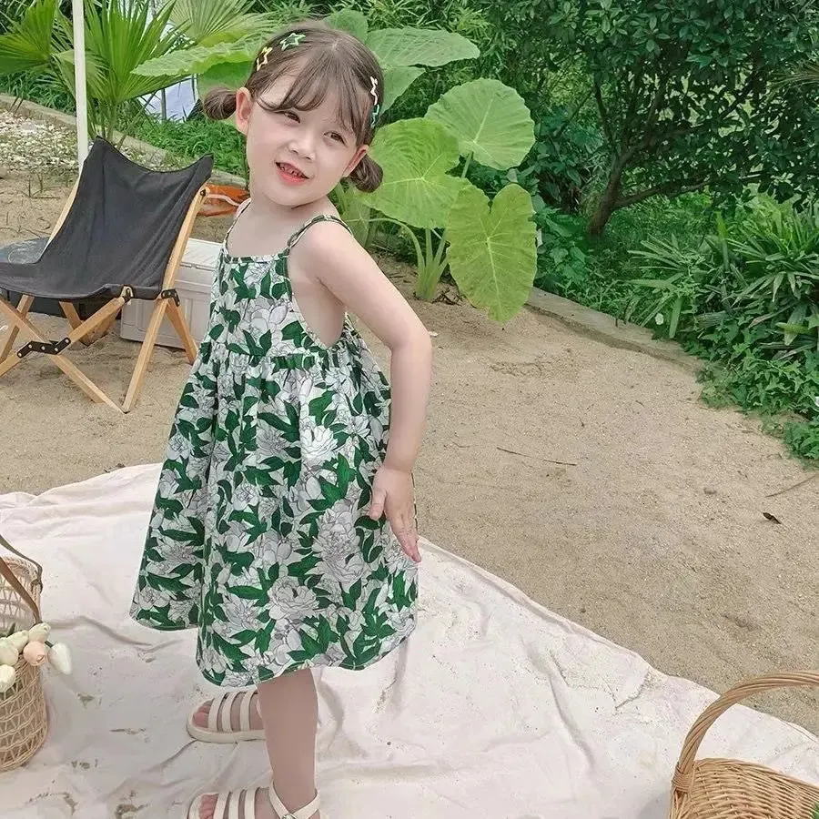 Girls Summer Dress Korean Sweet Childres Fashion Fashion Sling Sliose Casual Flower Flower Dresses 240403