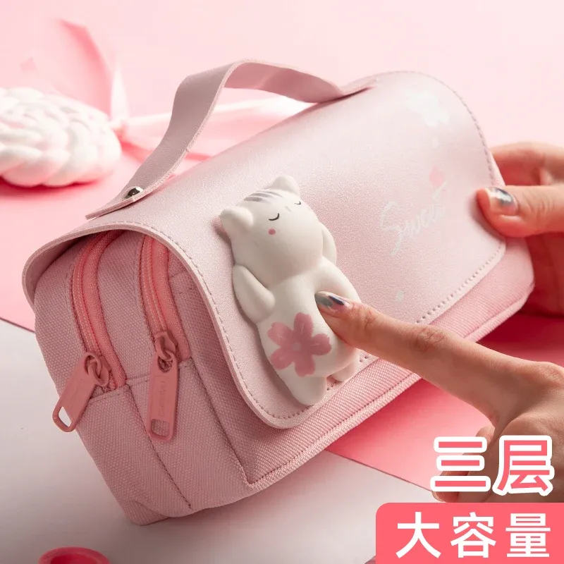 Taschen große Kapazität Bleistiftkoffer Kawaii Leinwand drei Schicht Stiftbürsten Beutel Bleistift Tasche Portable Box Geschenke Lieferungen Schulschreibab