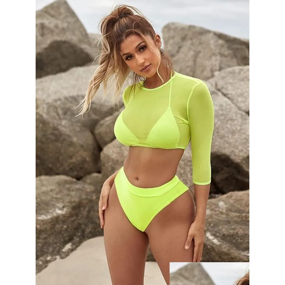 Swimwear féminin pour femmes y voir à travers le triangle bikinis mujer 3 pièces maillot de bain féminin en maille verte féminine de bain de bain.