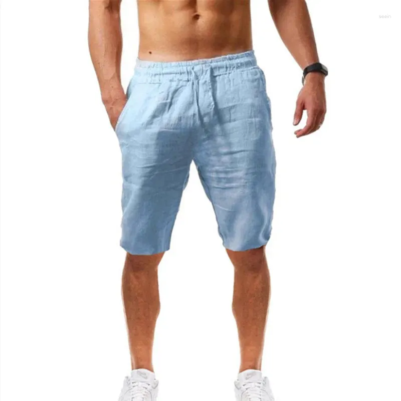 Short masculin en coton lin se solide pantalon court mode hremptable poches d'été décontractées lâches