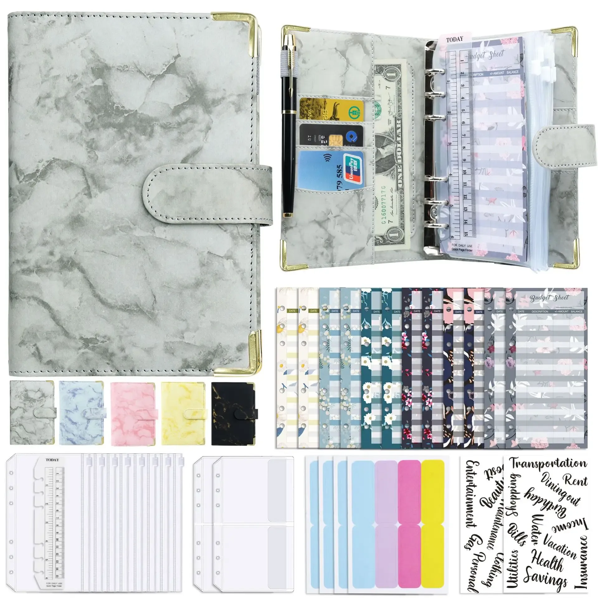 Levert 29pcs/Set Marble A6 Budget Binder 6 Ring PU Leather Budget Planner met Cash Envelops Label Stickers geldorganisatoren