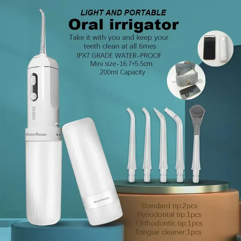 Bewässerungsmund -Mund -Waschen tragbarer oraler Irrigator Zahnslossser picken USB -wiederaufladbare Strahlreinigungszähne 5 Spitze 200 ml 4 Modi IPX7