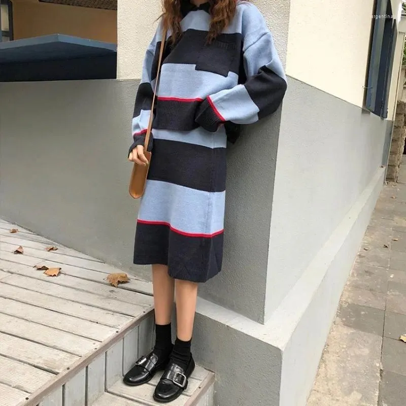 Werkjurken Oversized 2-delige damesset Gestreepte omslagkraag Losse gebreide trui Tops Knielange rok Gebreide truisets