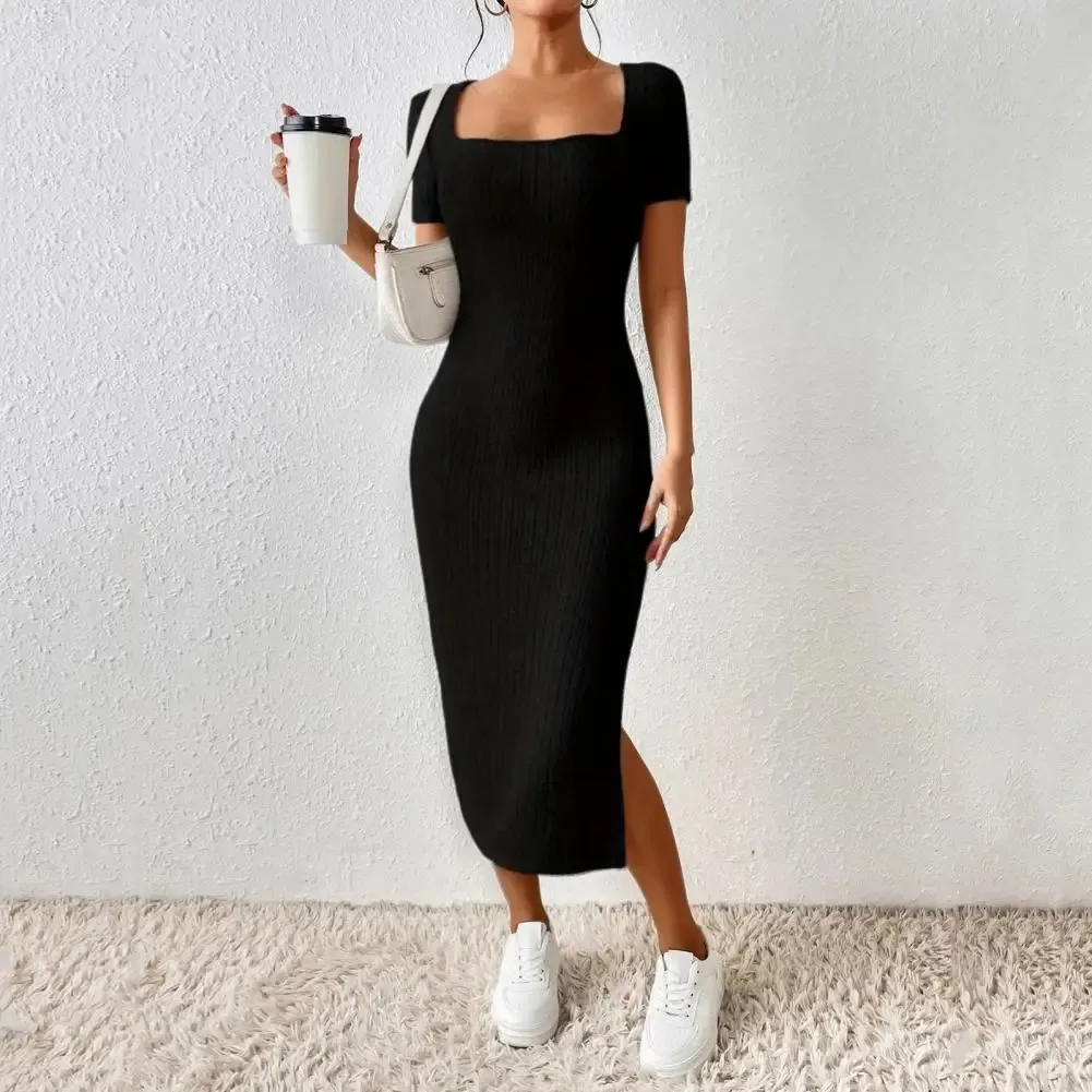 Women Dress Solid Color Square Neckline Dress Elegant Square Neck Knitted Midi Dress for Women Solid Color Party Commute 240319