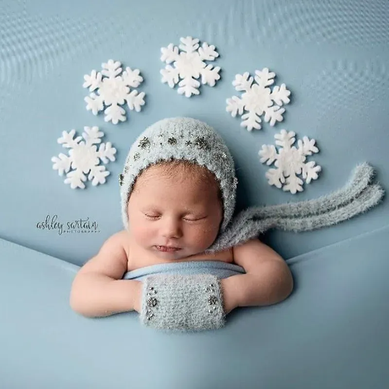 Fotografie Neugeborene Fotografie Zubehör Weihnachts handgefertigt Perlen Schneeflocken Hut Wrap Set Baby -Mädchen -Foto -Requisiten Hintergrund Korbdecke