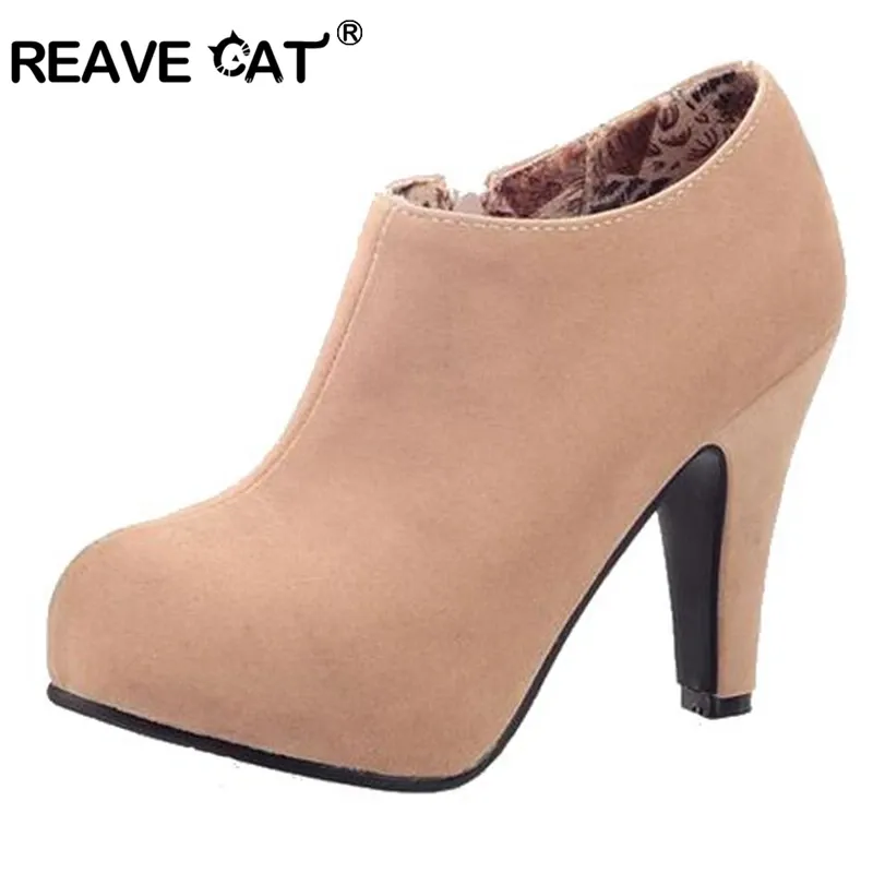 Stövlar Reave Cat Big Size 3245 Faux Suede Women Ankle Boots Autumn Spring Shoes 10cm Heel dragkedja Black Apricot Blue Designer QL4259