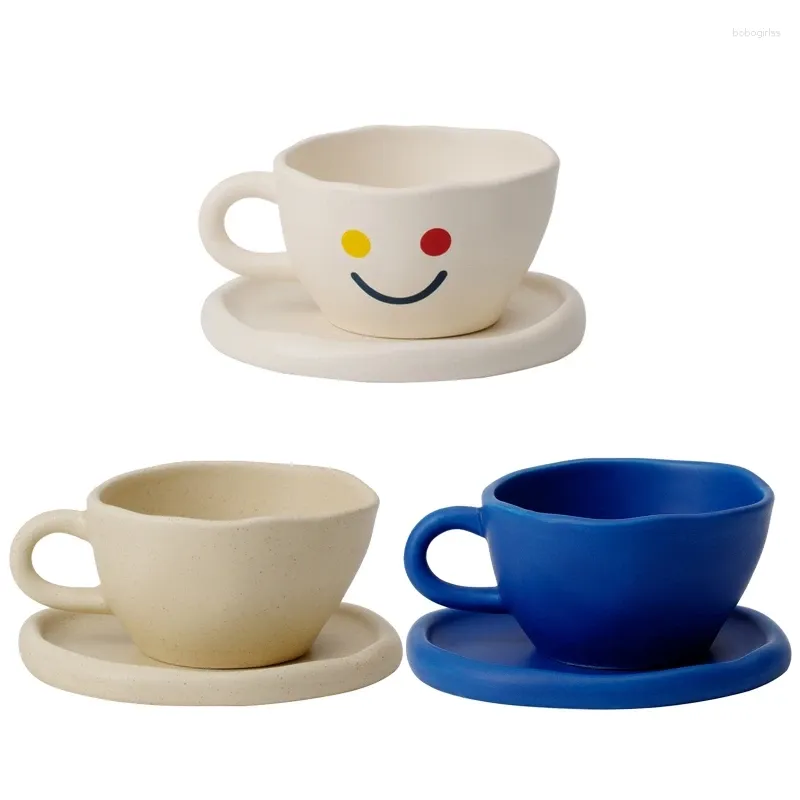 Mugs Handmade Matte Ceramic Coffee Cup With Saucer Set Face Irregular Milk Breakfast Tea Mug Plate Coffeeware