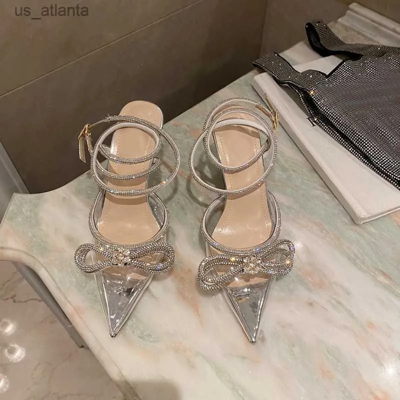 Kledingschoenen nieuwste puntige teen enkelband pompen vrouwen sandalen elegant ontwerp kristal vlinder-knoop feest prom hielen h240403F7C8
