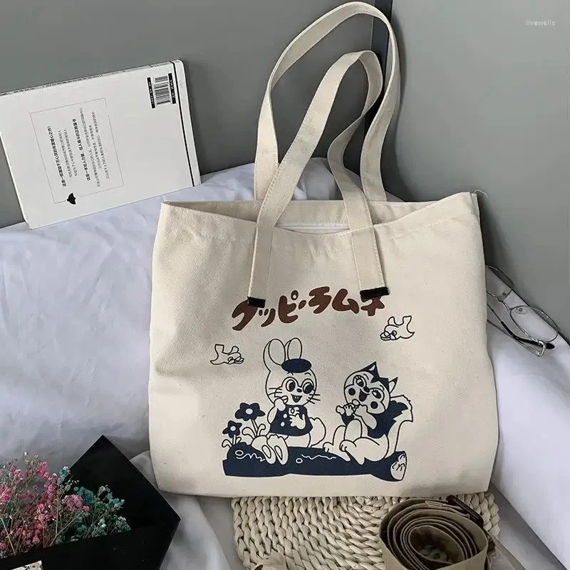 Çanta Eko Yeniden Kullanılabilir Kadınlar Büyük Kapasiteli Karikatür Baskı Bayanlar Tuval Omuz Vintage Plaj Çantaları Bolsas De Tela