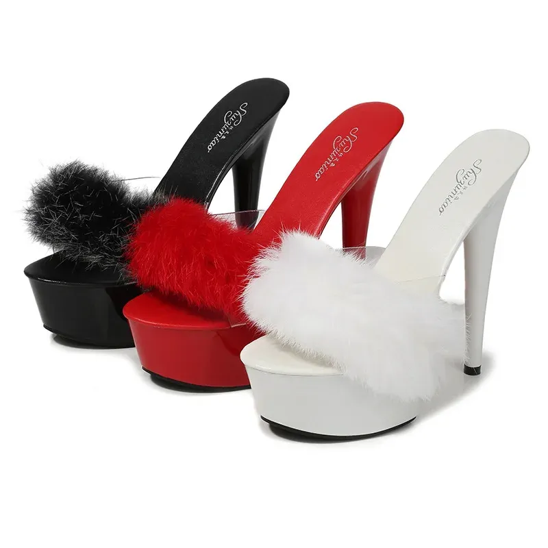 Pompes femme 15 cm super haut talon d'été talons hauts plate-forme transparente sandales sandales lapin fur nocle night-club Porce dame pompes chaussures