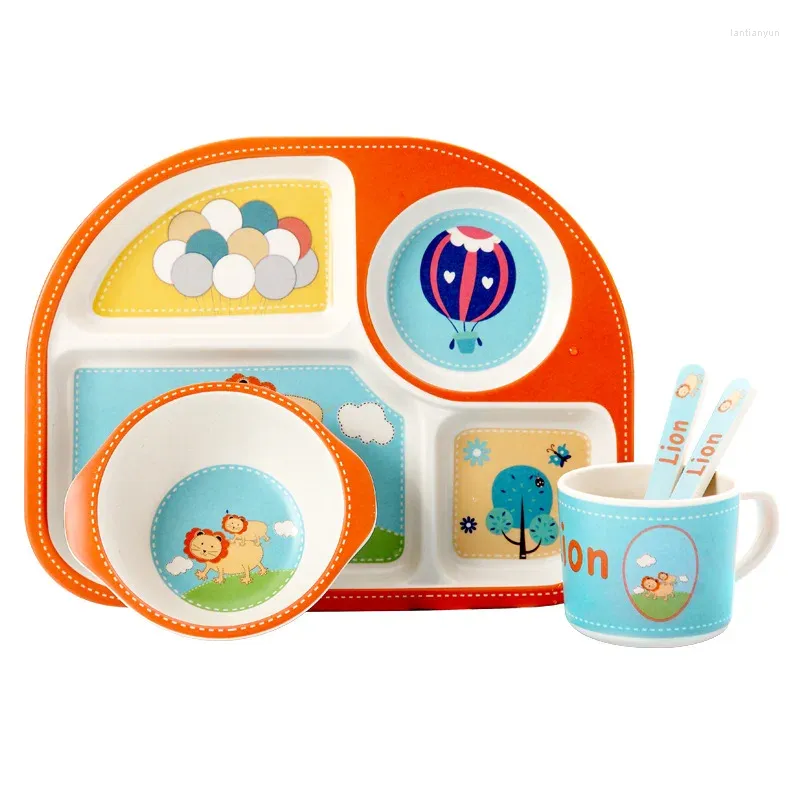 Flatware sets bamboe kinderen servies set bord bowl cup lepel dishware cartoon tabelgare gezonde maaltijd vaatwasser veilig bpa gratis