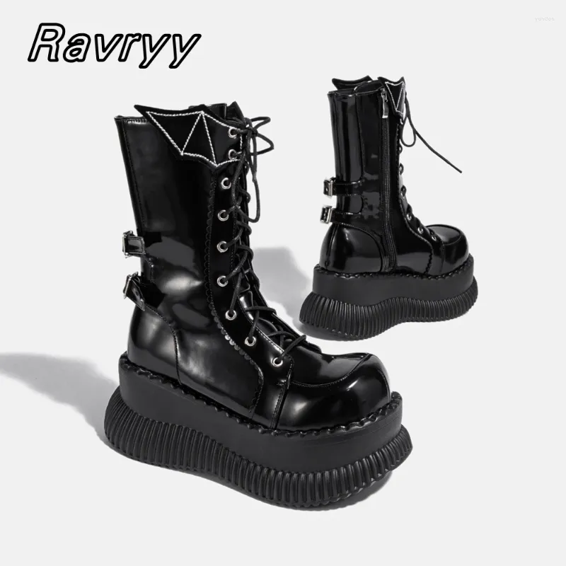 Boots Retro Punk Style Tank inférieur Mid veau moto Black Metal Bourteau Buckle Cool Girl Chaussures Round Toe Glossy Sexy Femmes