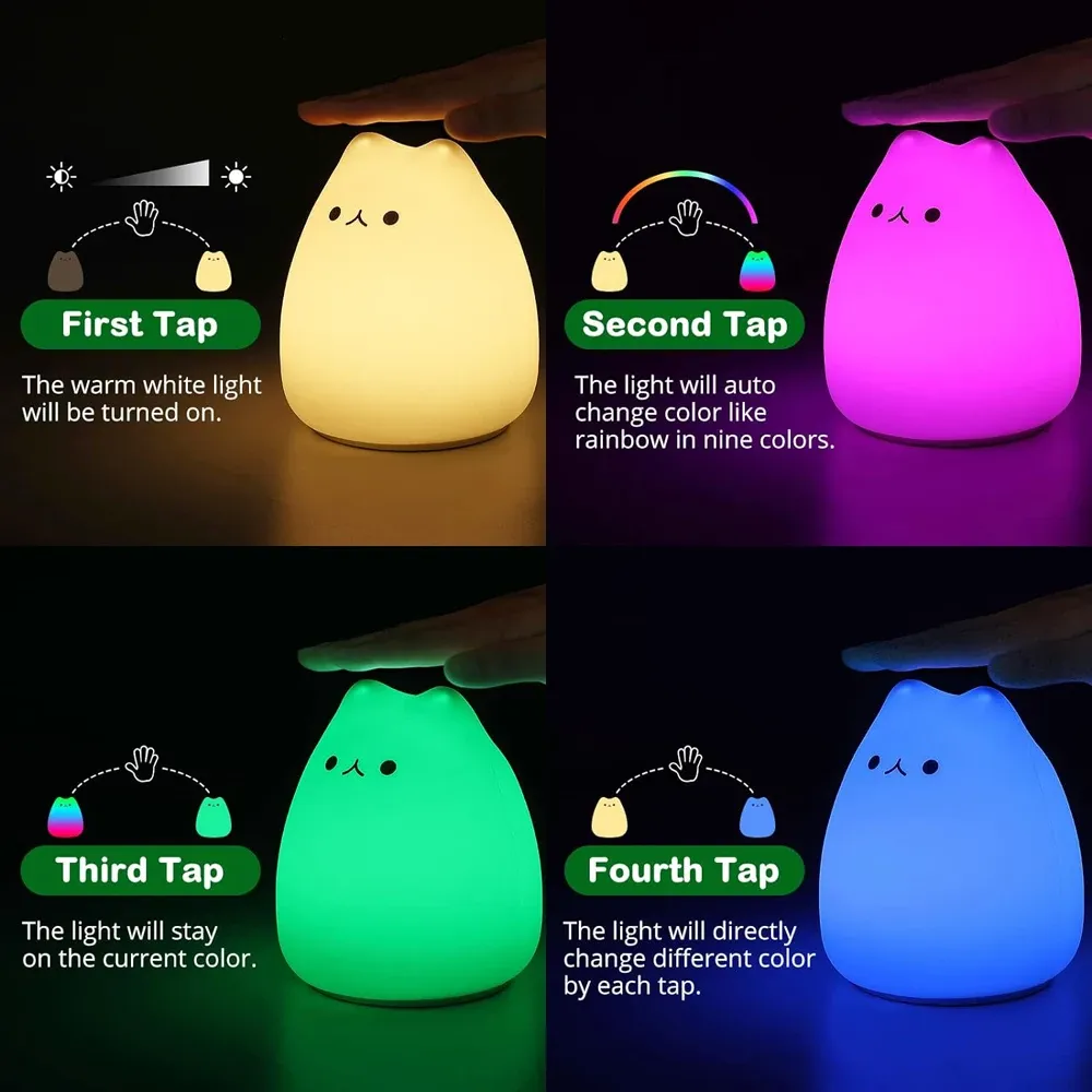 LED Cat Night Light for Kids Silicone Cute Cat Nursery Night Lights Portable Multicolor Christmas Gifts for Baby Children