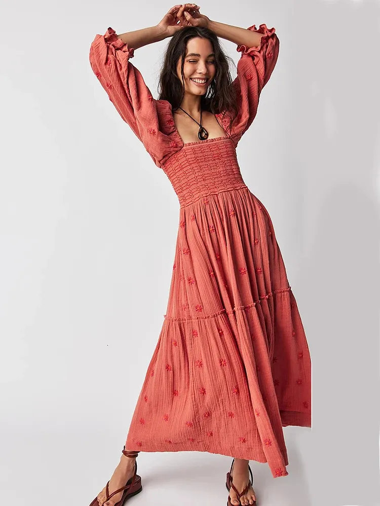 fitted lace wedding dress Gypsy Rustic Red Maxi Dress Round Neck Long Dress