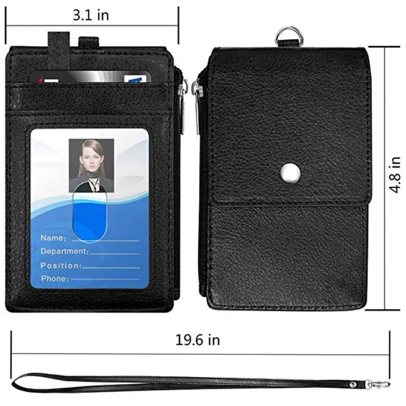 Heavy Duty ID Badge Holder With Lanyard Clip & 4 Vertical Card Slots - Black Wallet Case