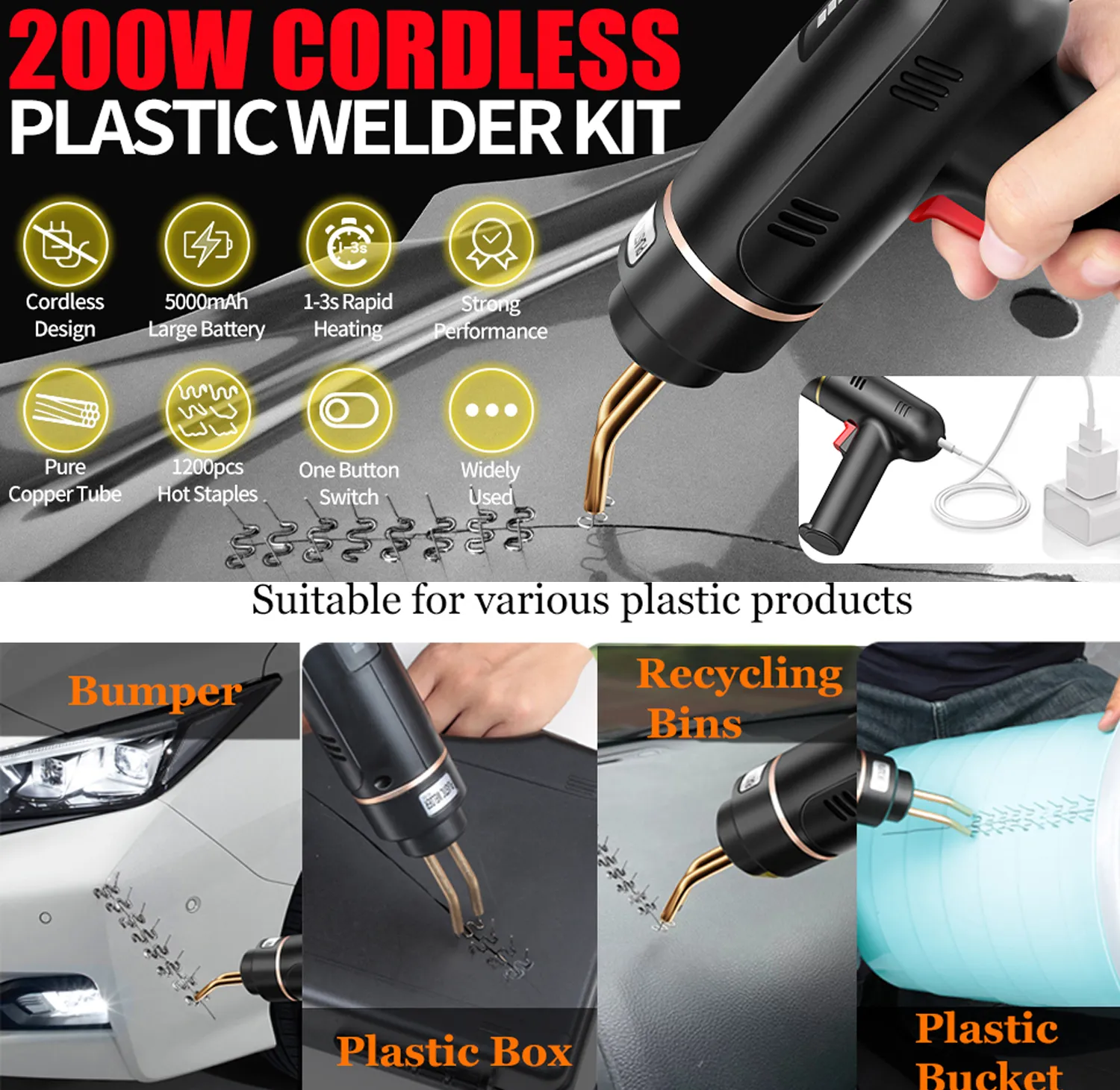 200W Hot Stapler Plastic Welder Gun Kit For Car Bumper & Fender Repair - Includes 1200 Staples (US Plug)