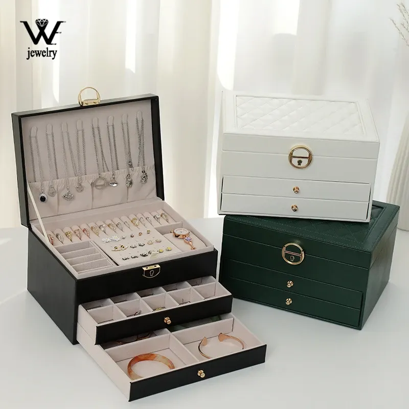 Display We Schmuckschatulle mit Uhr Kissen 3Layer große Kapazität Schmuck Sarg Such Schmuck Organizer Ohrringhalter Schmuck Geschenke Aufbewahrungsgeschenke