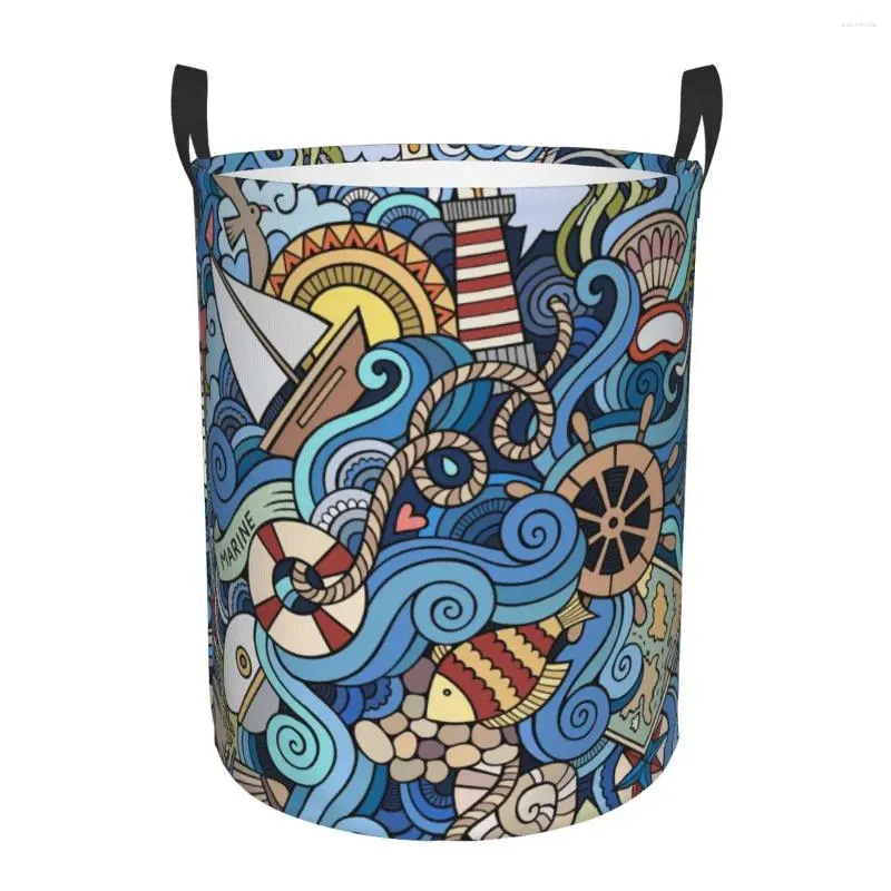 Laundry Bags Basket Cartoon Marine Style Wave Wheel Pattern Cloth Folding Dirty Clothes Toys Storage Bucket Household