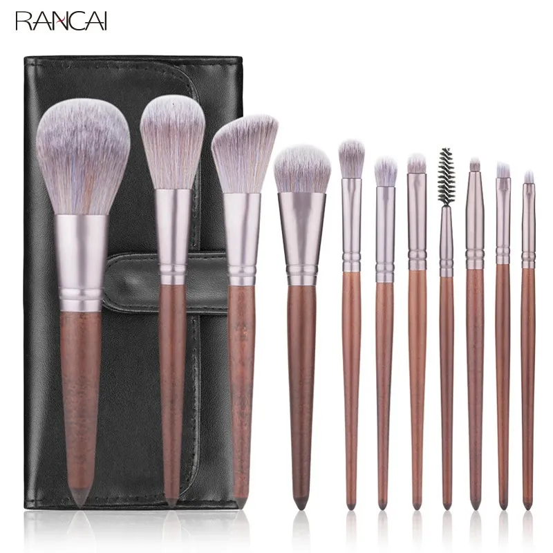 Rancai 11pcs Make -up Pinsel Set Walnussgriff Pulver Rougeer Lip Eyeliner Lidschatten Mikrokristalline Seidenbürste Schönheit Werkzeuge Kit 240403