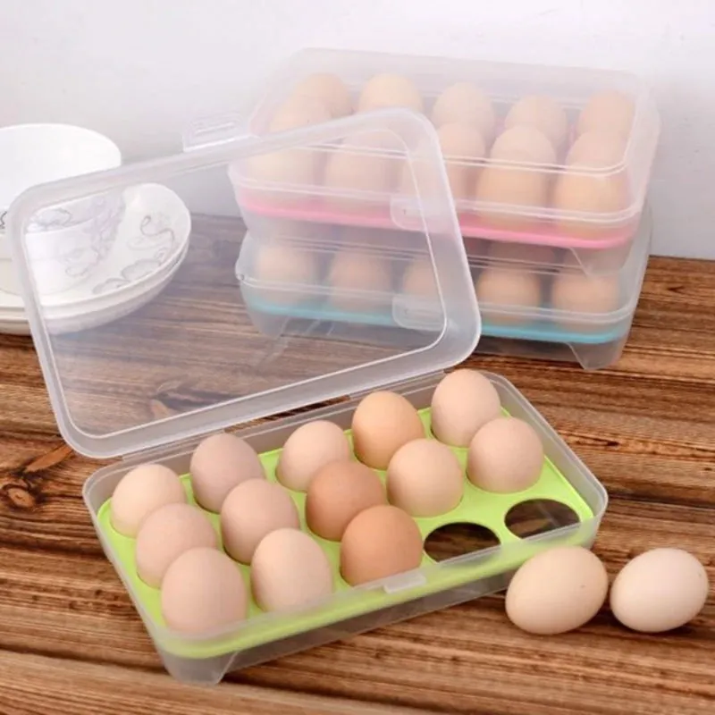 Ny 15 Grid Egg Storage Box Egg Box Tray With Lid Drawer Egg Carton PP Fall Kylskåp Fodral Fack förvaring Egg Rack Support för kylskåp Eggkartong