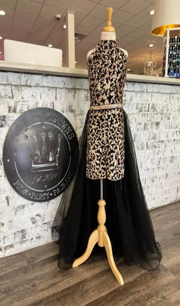 Leopard Print paljetter Girl Pageant Dress Jumpsuit 2022 Kort djurtryck Romper High Neck Tulle kjol Little Kid Birthday Formal 4882401