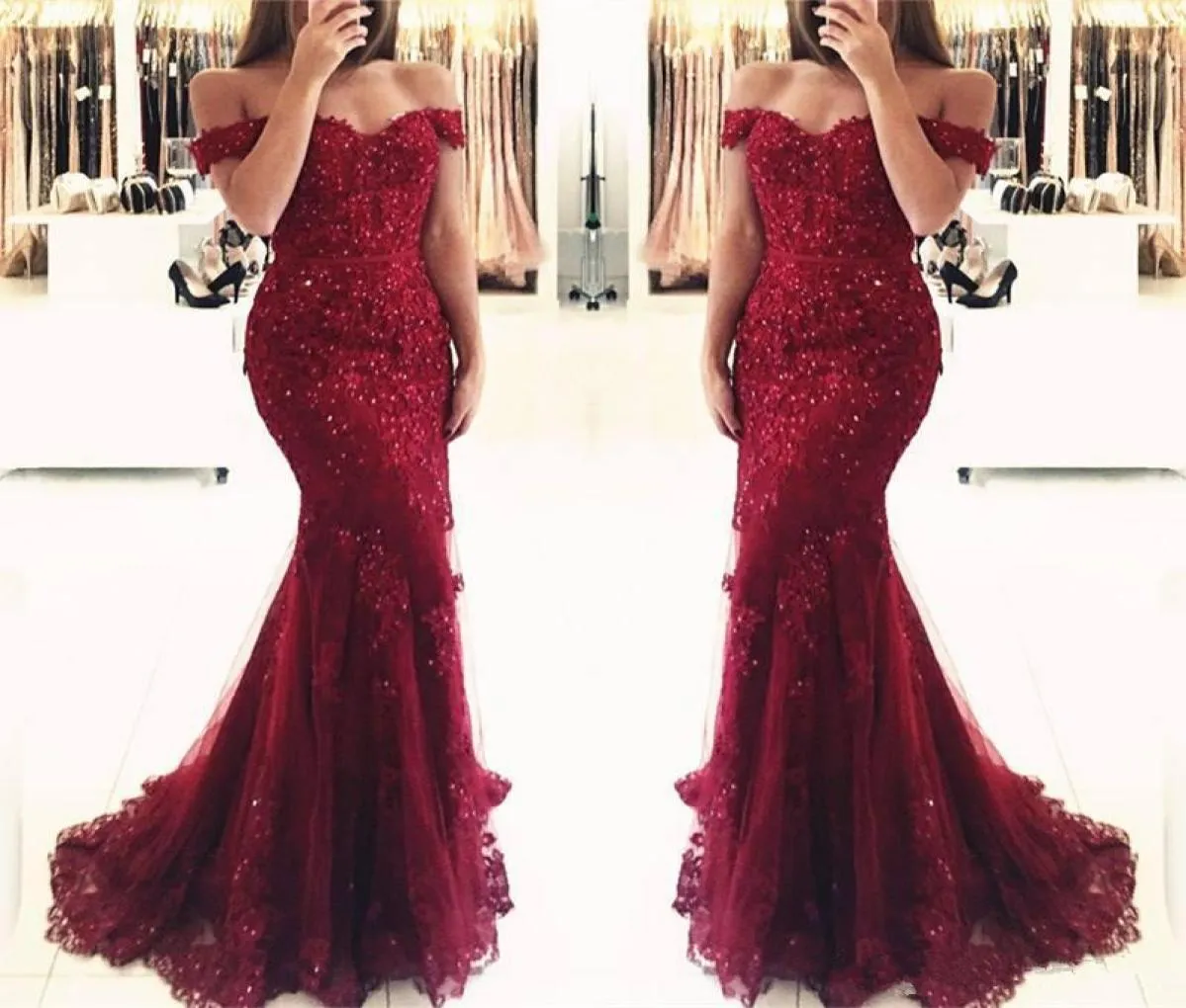 Wine Red Burgogne Prom Dress Lace Mermaid Applices Offtheshoulder Evening Dresses 2019 Vestido de Festa Pärlade paljetter Long Pro8192163