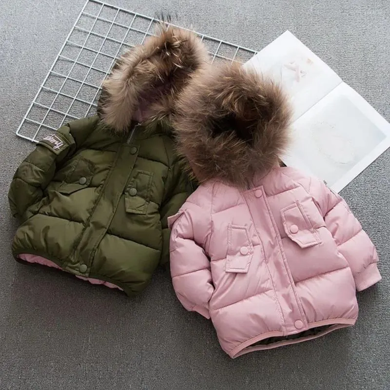 Вниз по пальто дети теплые зимние девочки младенцы дети мех с капюшоном с толчком с густым избытками парка