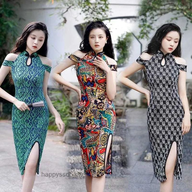 Vêtements ethniques vintage boucle imprimement mince qipao robe femme d'été à manches courtes collier slit élégant chinois cheongsam femelle