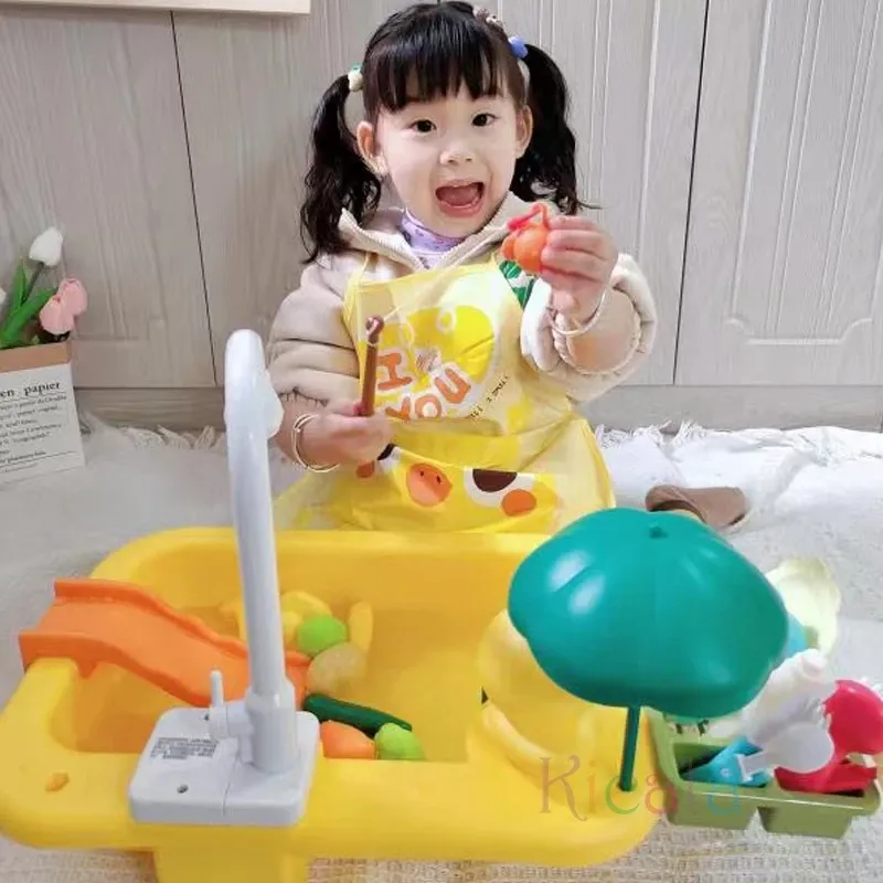 DeAO Lavabo Jouet 3-en-1 Avec Robinet électrique, Eau Circulante, Ustensiles De Cuisine Et Jeu De Pêche Flottant Pour Enfants De 3 à 7 Ans
