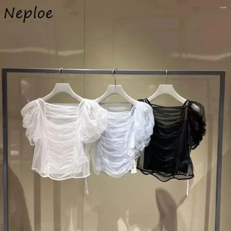 Women's Blouses Neploe Elegant Square Collar Puff Sleeve Sweet Ruched Voile All-match Moda Blusas Japan Chiffon Perspective Shirt