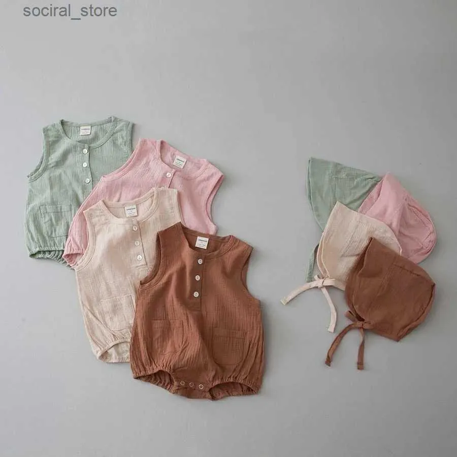 Rompers 6582b Baby Clothes 2023 Summer corean couleur solide garçons bodys with hat cool vest oneurs vêtements filles grimpant vêtements l240402