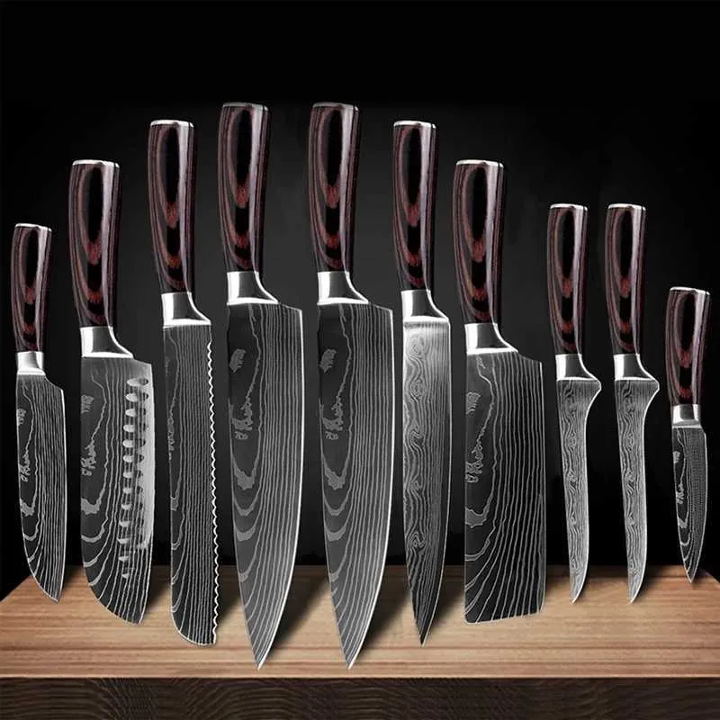 9pcs/set Kitchen Knife Set Damascus Laser Pattern Stainless Steel Japanese Knives (AK5)(1U61) main image 1