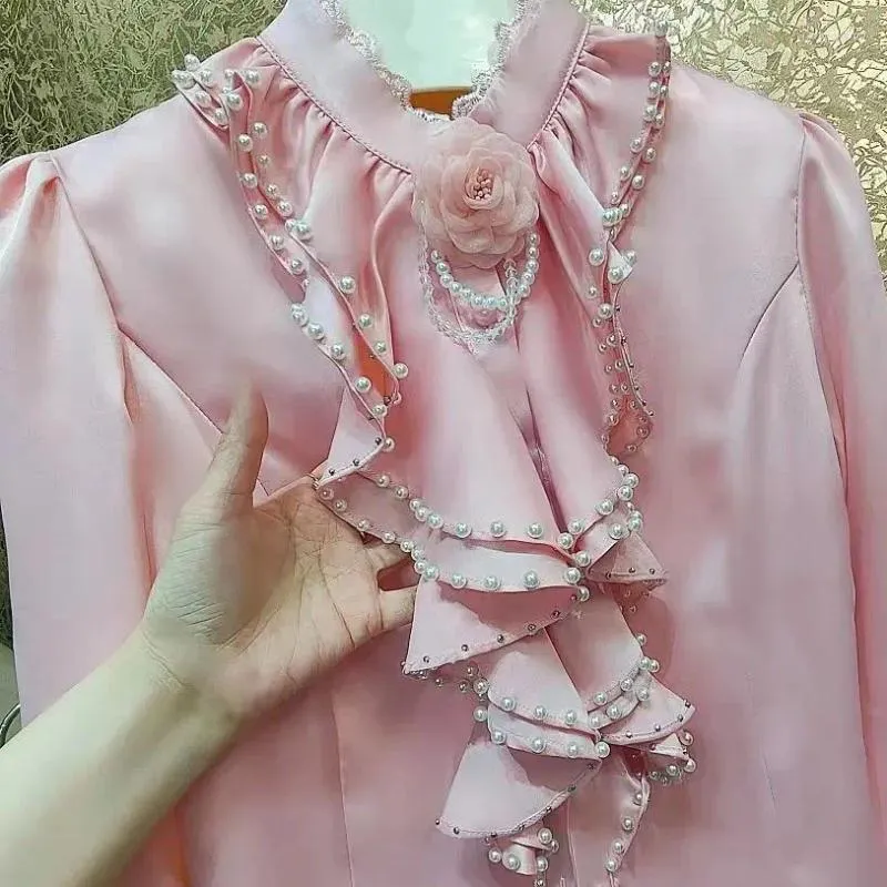 Женские блузки с бисером цветочные стежка розовые рубашки для женщин 2024 весна осень в длинных рукавах офисные топы Camisas de Mujer