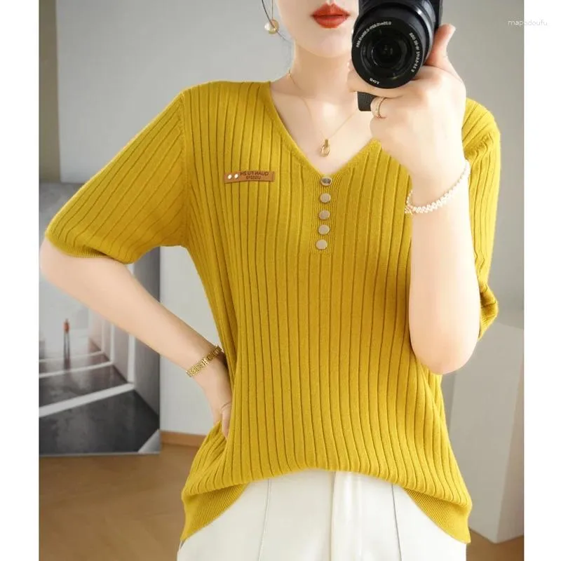 Kvinnors T-skjortor T-shirt Summer Worsted tröja Kort ärm Casual Solid Color V-Neck Ladies Tops Loose Blouse Pullover Tees Buttons