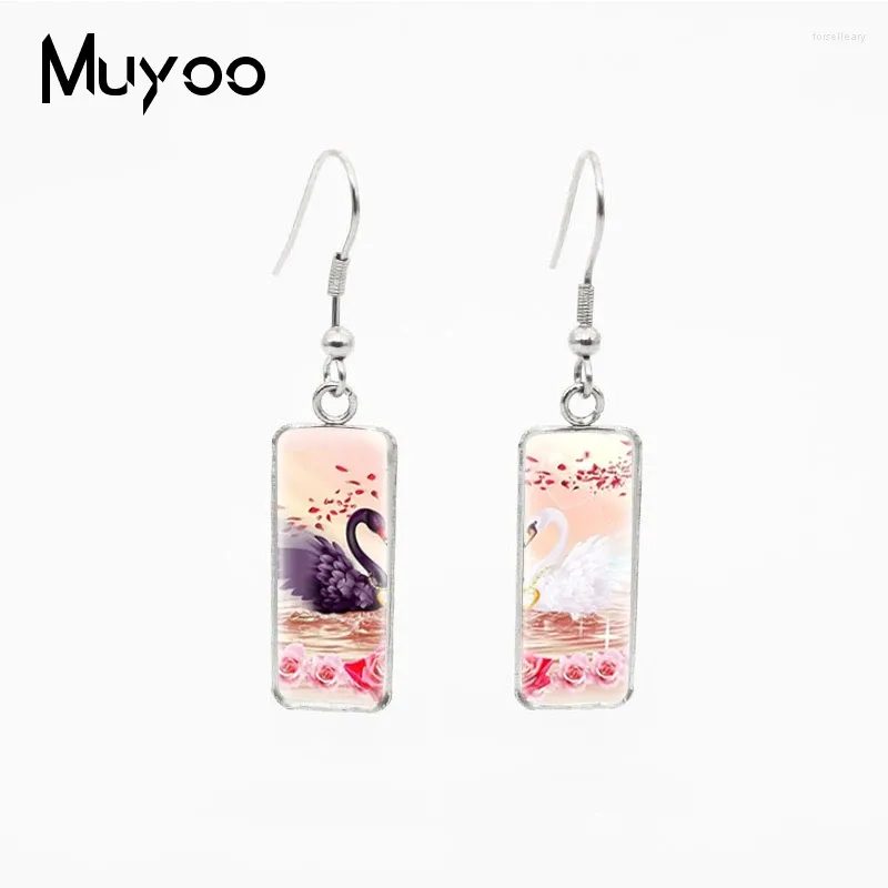 Dangle Earrings Arrival Painting Beauty Swans Couples Rectangle Glass Cabochon Dangles Handmade Fish Hook