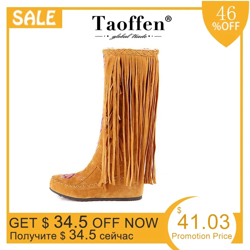 Stivali Taoffen Fashion Chinese Nation Style Stinello in pelle Donne Fringe Teli piatti Stivali lunghi Stivali con ginocchiera Stivali alti dimensioni 3443