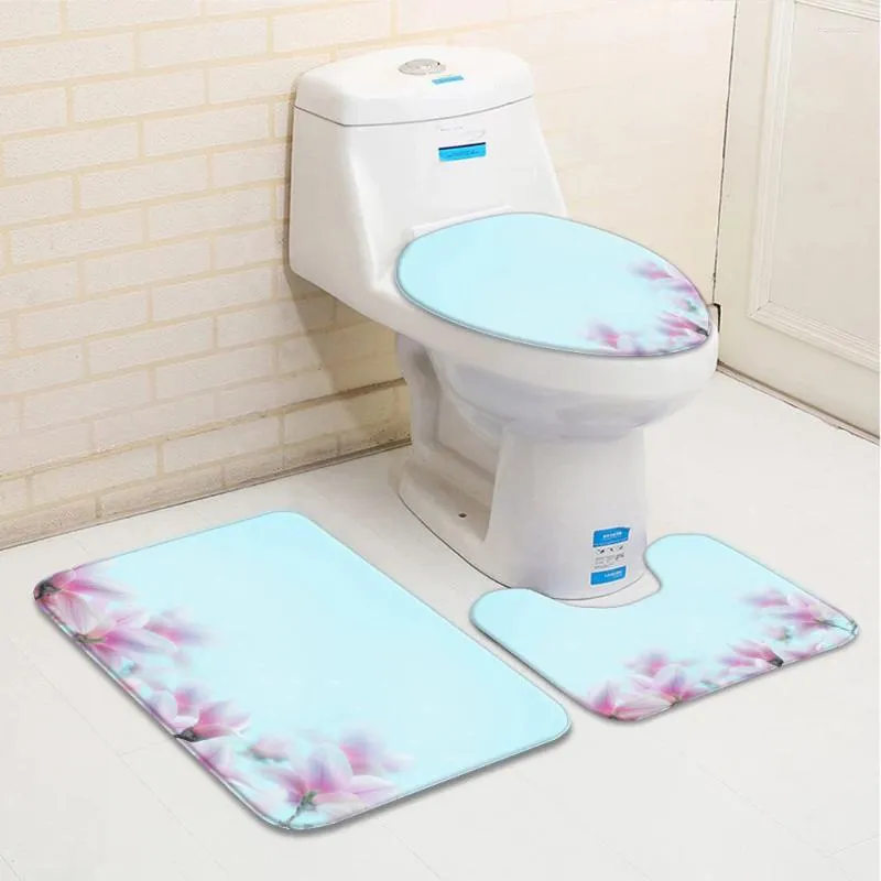 Maty do kąpieli Rośliny sprężynowe Zestaw Maty Białe różowe fioletowe kwiaty trawy motyl niski poziom flaneli dywanika toaleta dywanowy w kształcie litery U dywan w kształcie litery U dywan