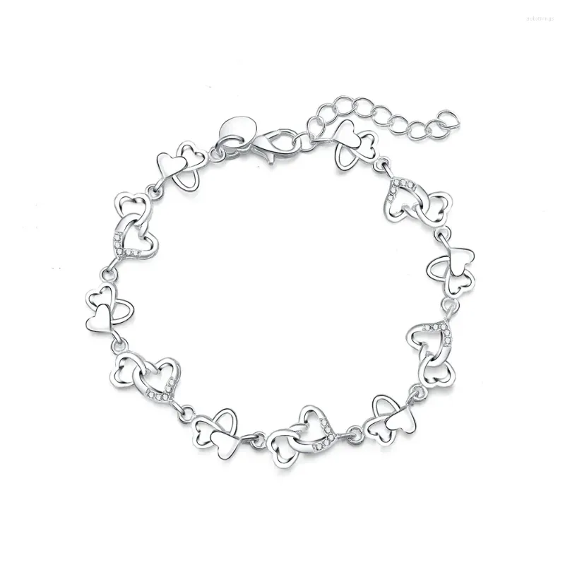 Link Bracelets Beautiful Gorgeous Women Bracelet HEART Lovely Crystal Chain Fashion Wedding Party Silver Plated Cute Lady Nice Jewelry LH007