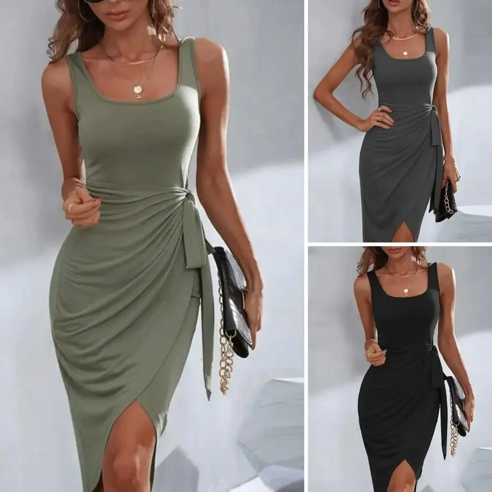 Women Vest Dress Bodycon Midi Lady Clothing Square Collar Irregular Hem Solid Color Pleated Belt Dressup Lace Up N 240321